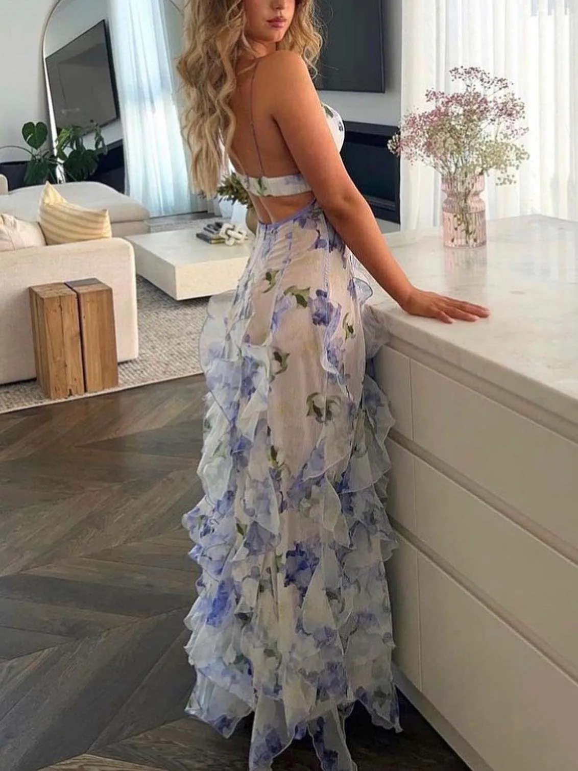 Fashion Floral Print Ruffle Maxi Dress