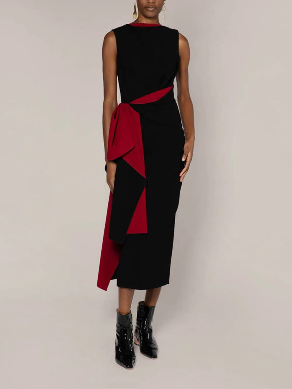 Unique Black And Sangria Patchwork Midi Dress