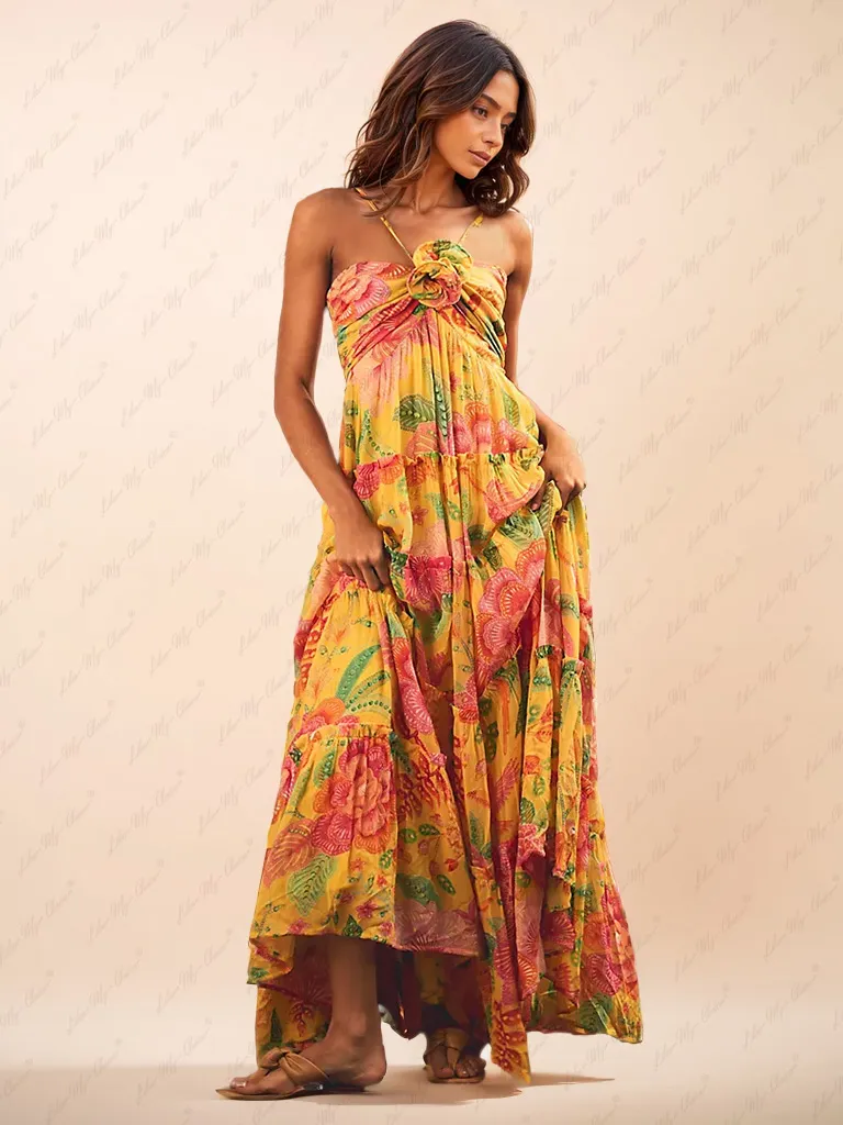 Hanging Neck Printed Floral Design Backless Straight Maxi Dress