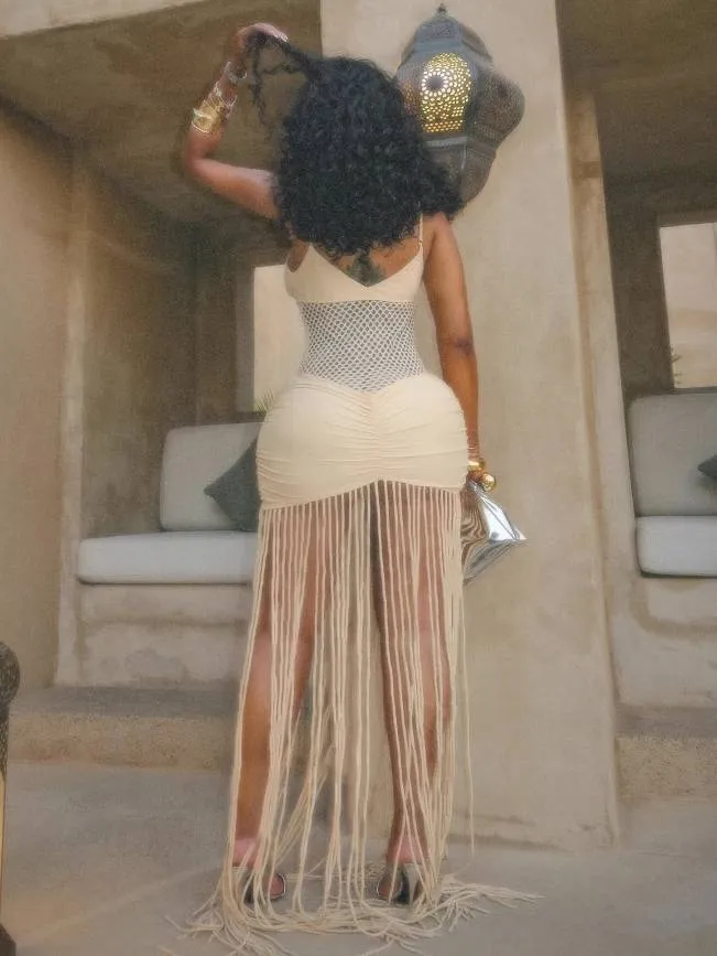 Mesh Pleated Hip-Wrap Tassel Maxi Dress