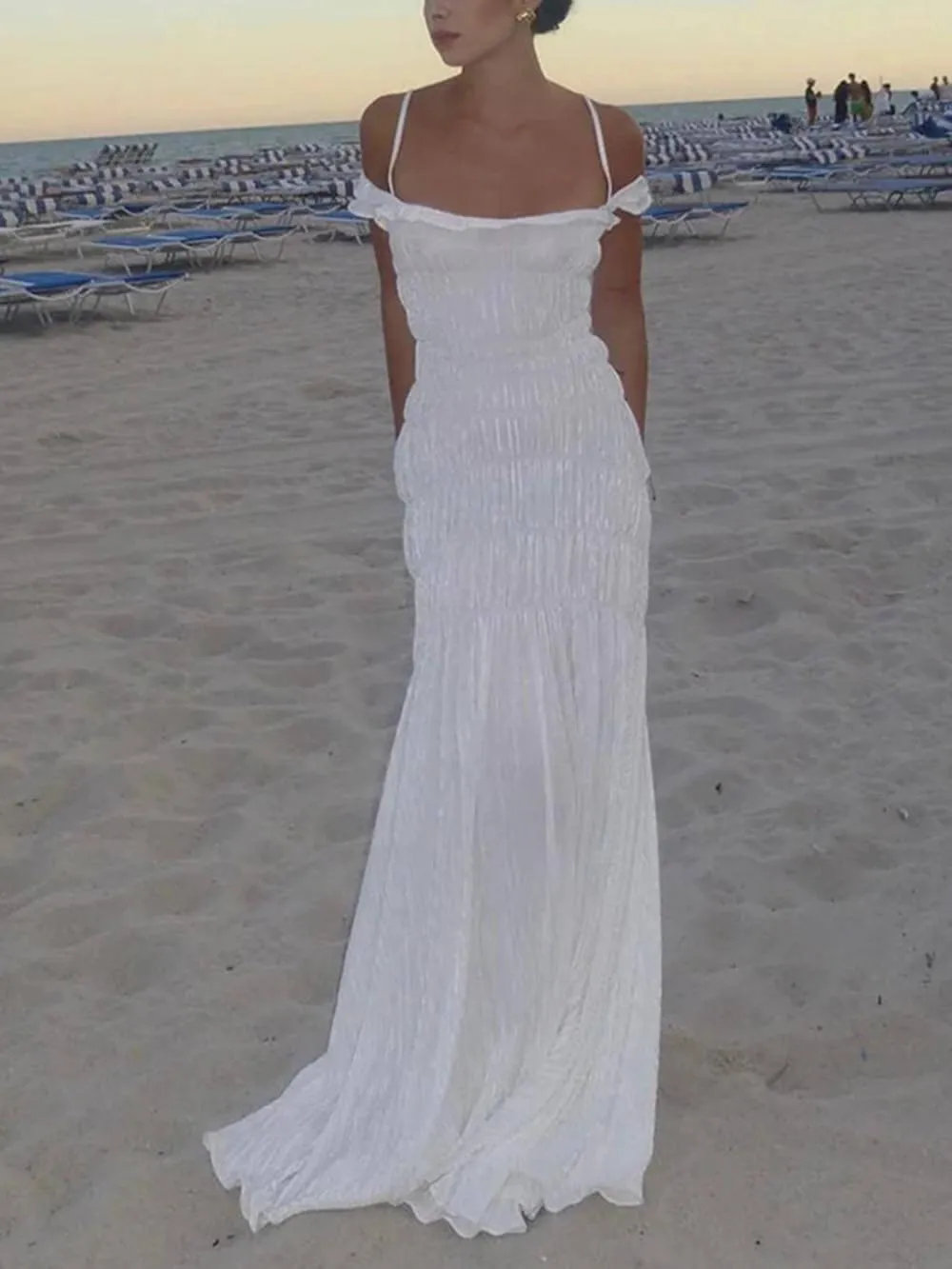 Classic Ruffled Pleated Suspender Maxi Dress