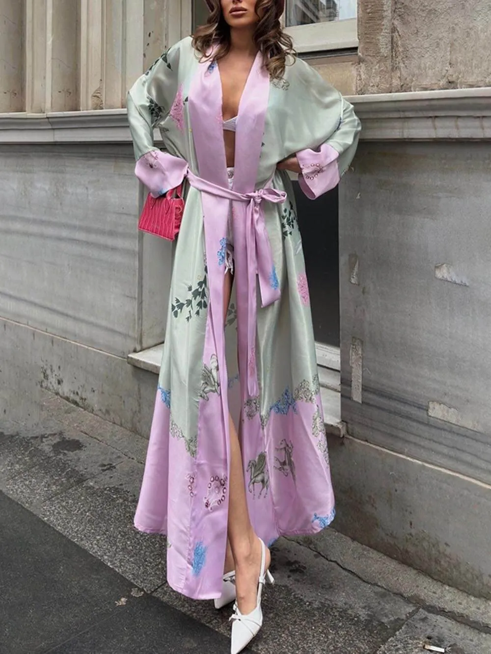 Relaxed Holiday Loose Long-Sleeved Satin Robe Dress