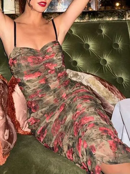 Retro Style Sexy Backless Pleated Suspender Print Dress