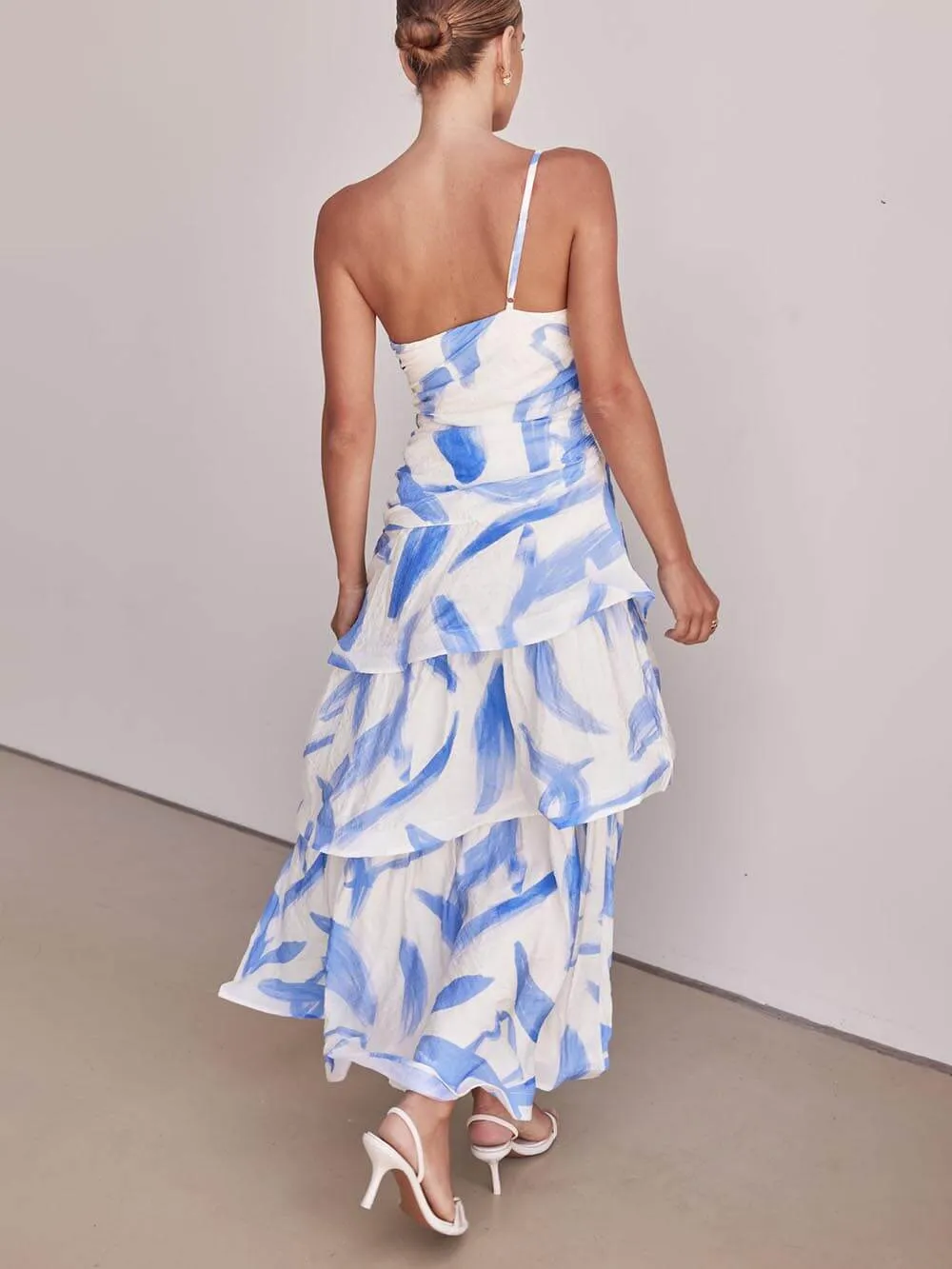 Unique Pleated Asymmetric Neckline Print Maxi Dress