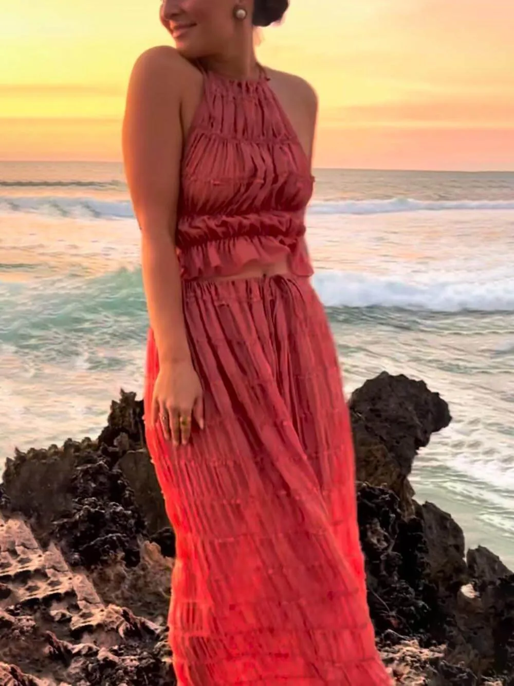 Charm Pleated Drawstring Waist Tiered Maxi Skirt