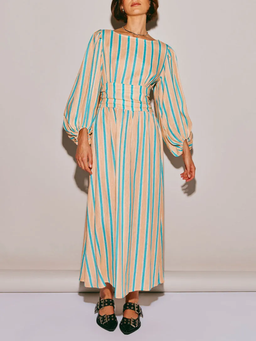 Striped Floral Print Sexy Backless Midi Dress