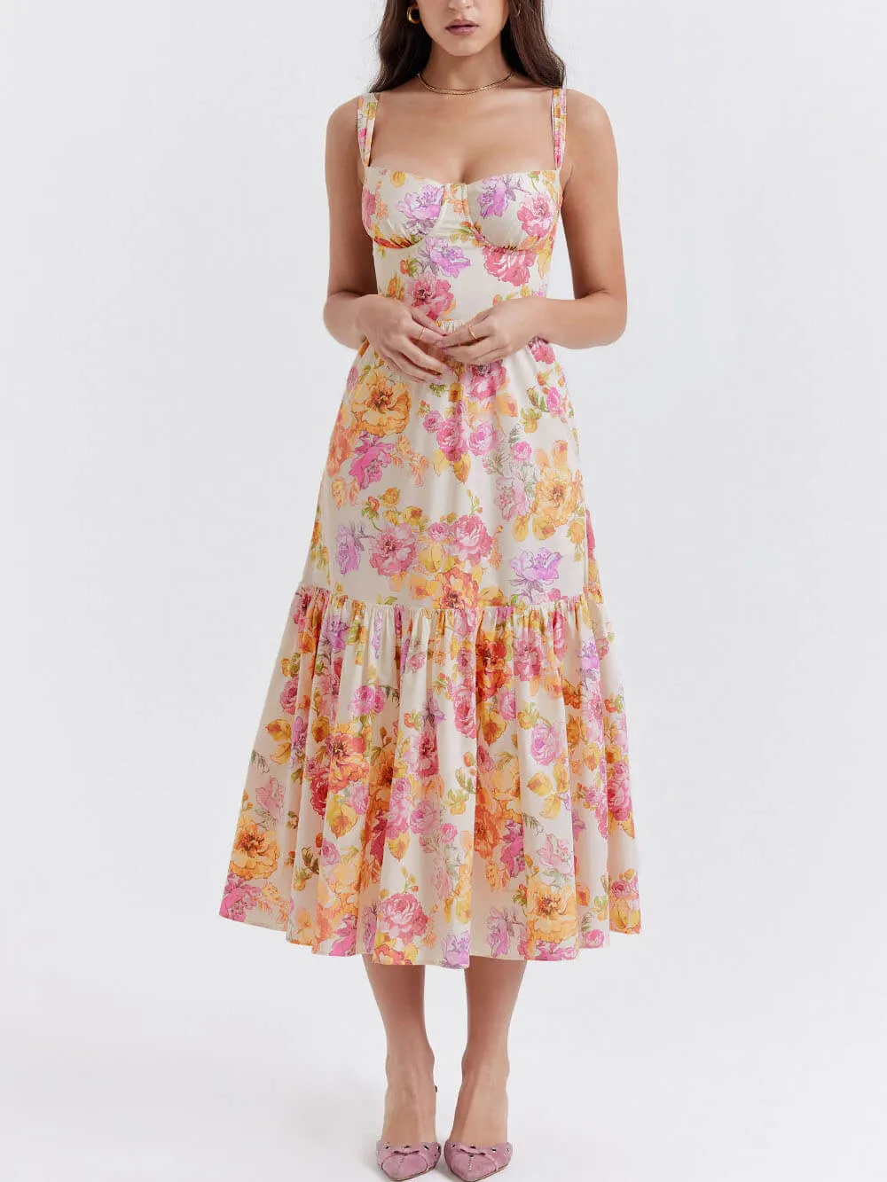 Strap A-Hem Floral Midi Dress