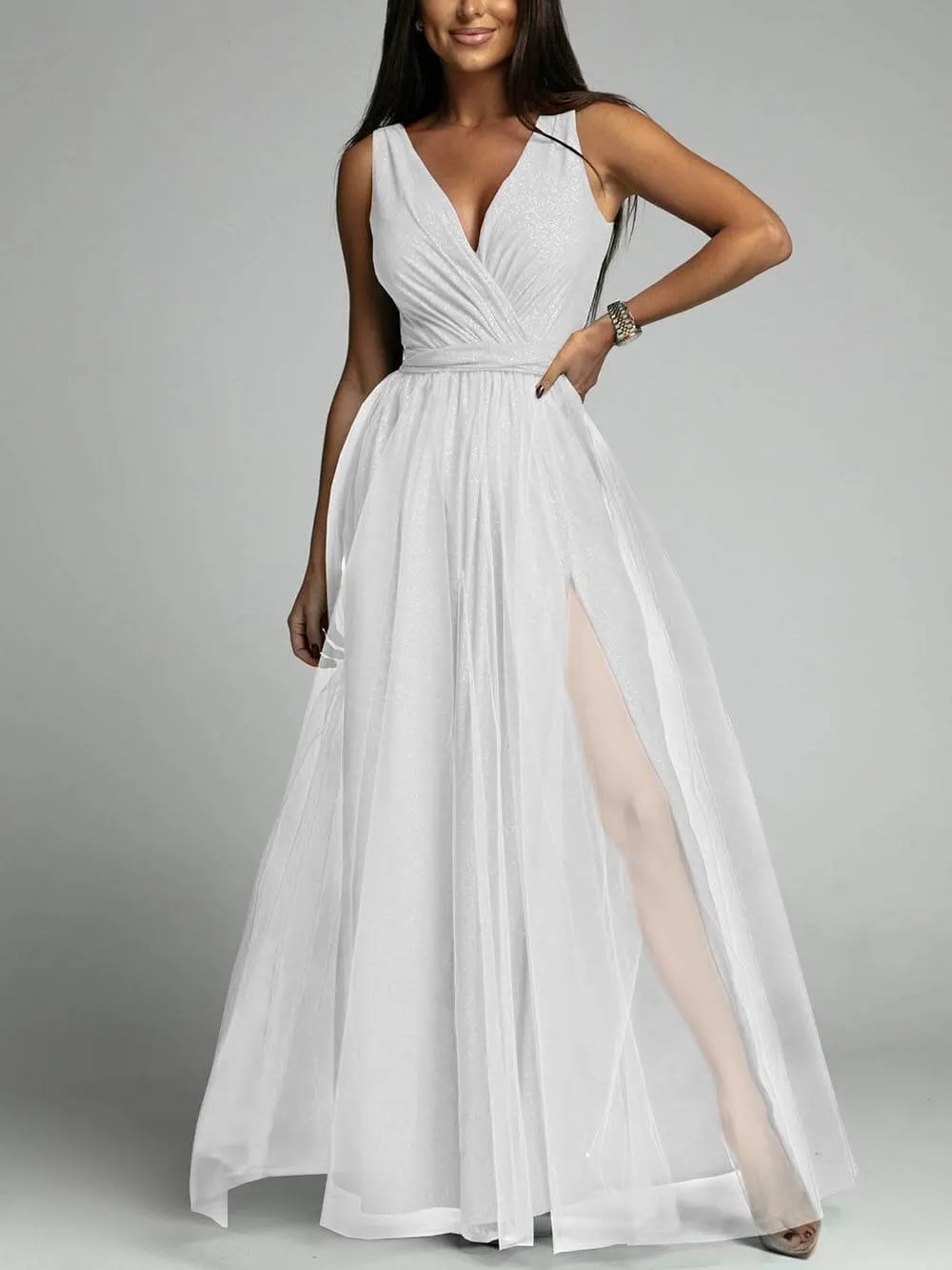 Elegant And Sexy V-Neck Waisted Slit Long Swing Maxi Dress