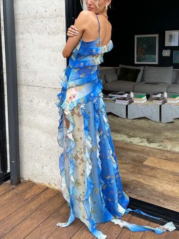 Delicate Butterfly Gradient Print Ruffle Ribbon Maxi Dress