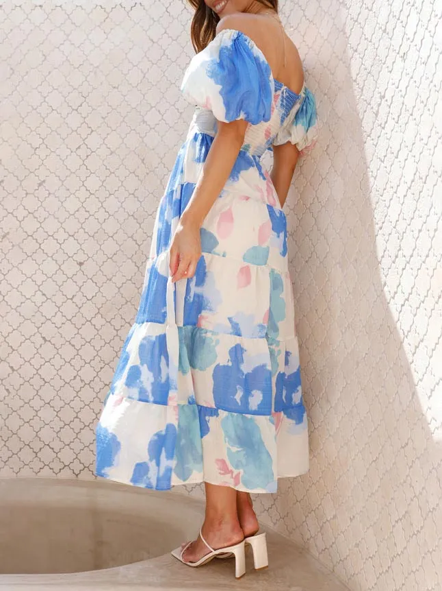 Sweet Blooming Floral Print Puff Sleeve Midi Dress