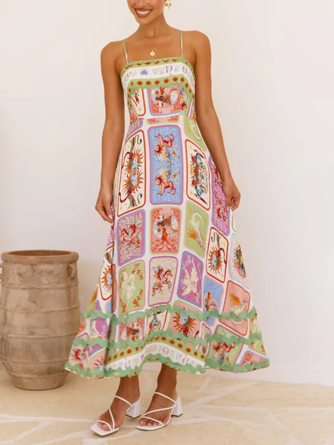 Unique Painted Print Sleeveless Lace Maxi Dress