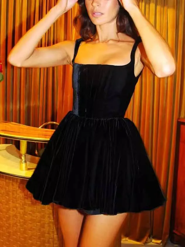 Vintage Square Collar Sling Velvet Mini Dress