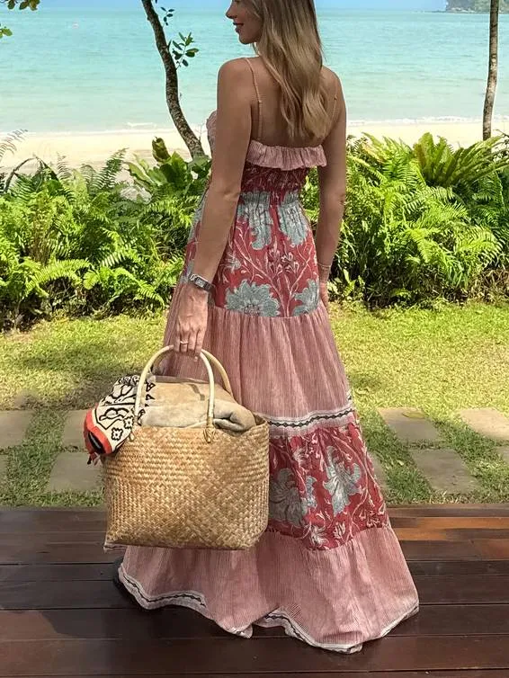 Vacation Style Floral-Print Suspender Dress