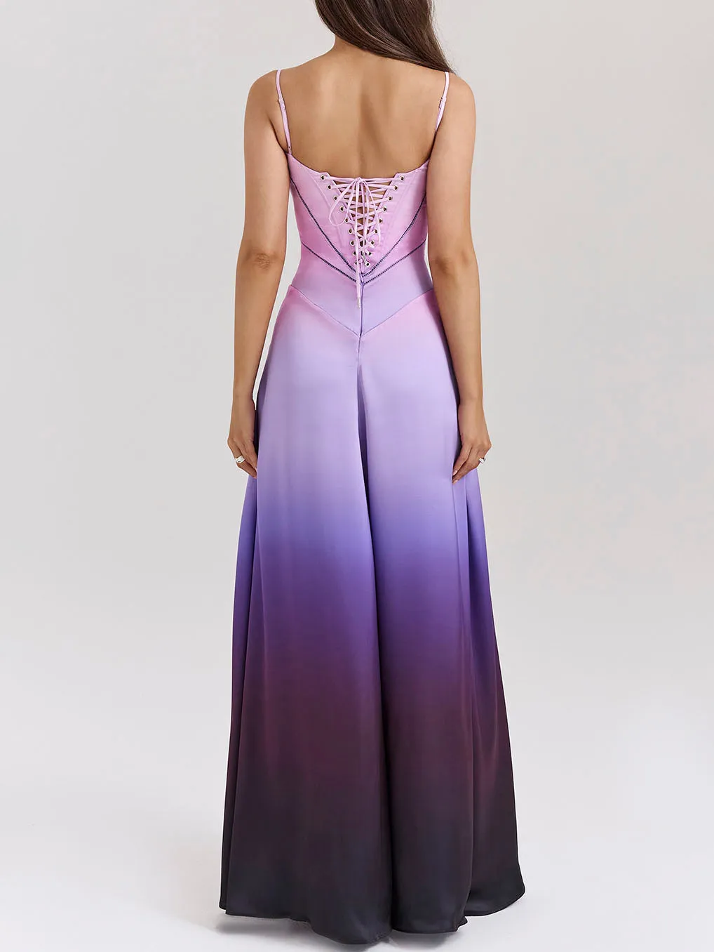 Unique Ombre Print Lace-Up Maxi Dress