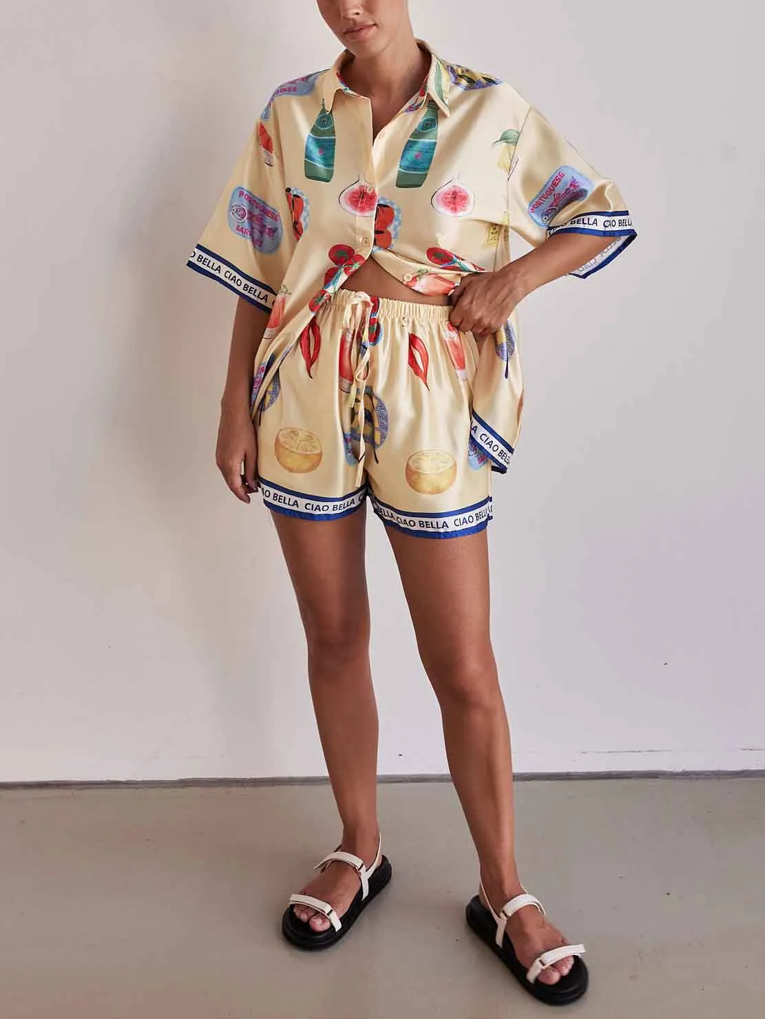Unique Print Casual Lapel Cardigan Shorts Set
