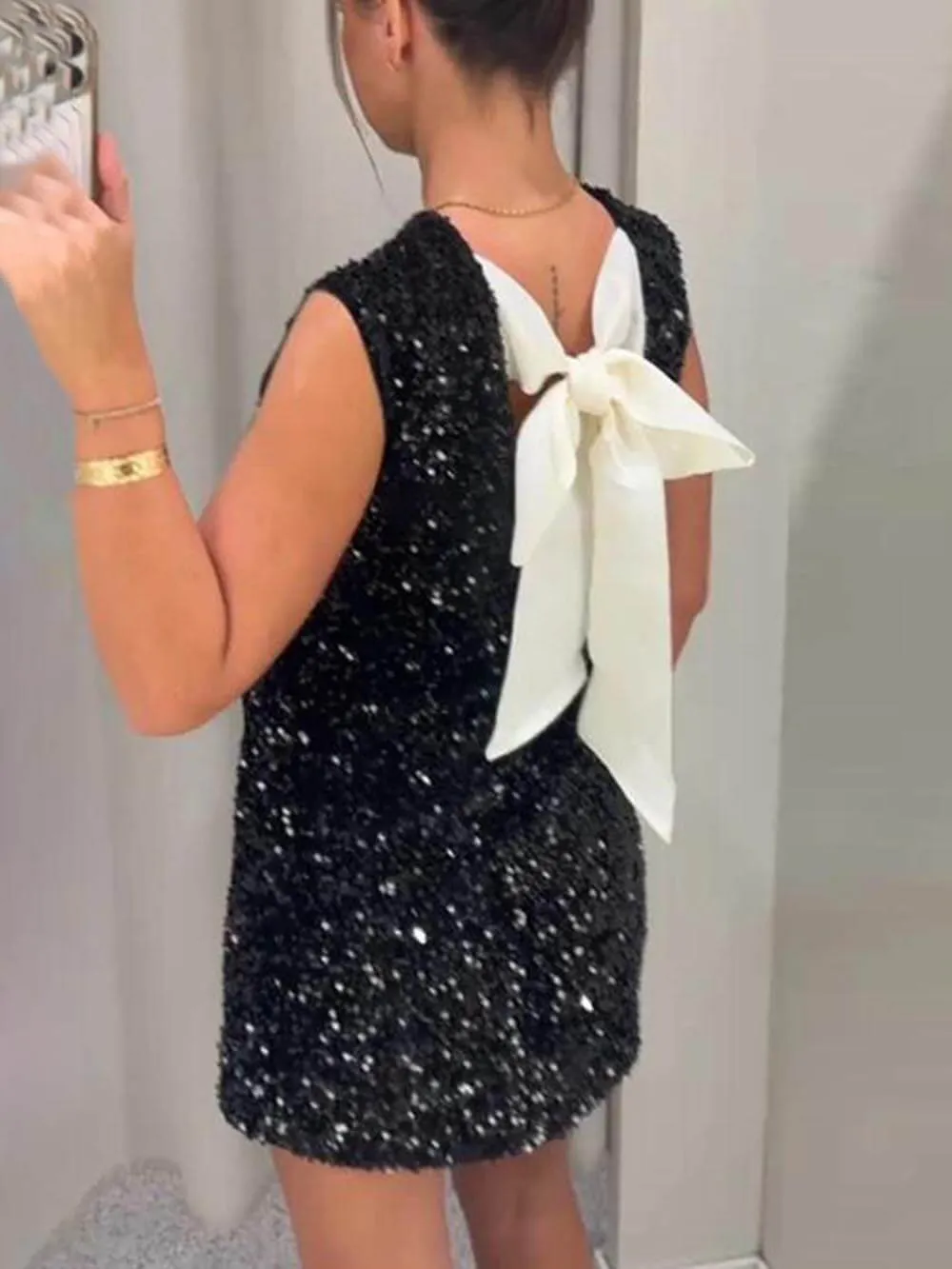Sequined Tie-Back Bows Party Mini Dress