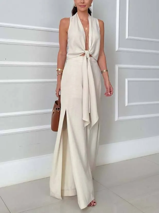 Lace-Up Top And Wide Leg Pants Suit
