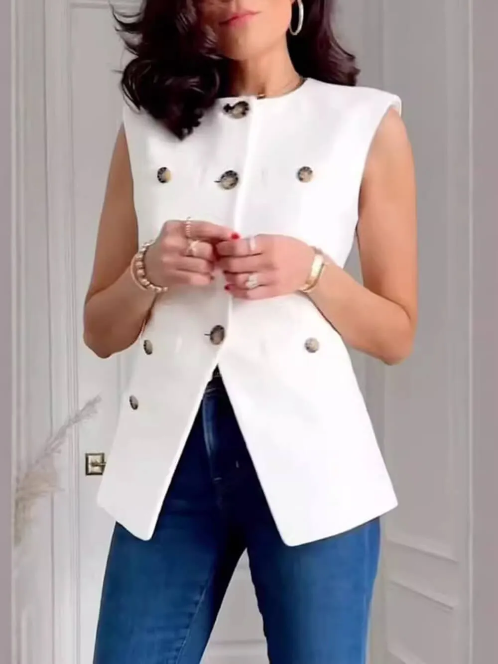 Casual Solid Color Sleeveless Multi-Button Blazer