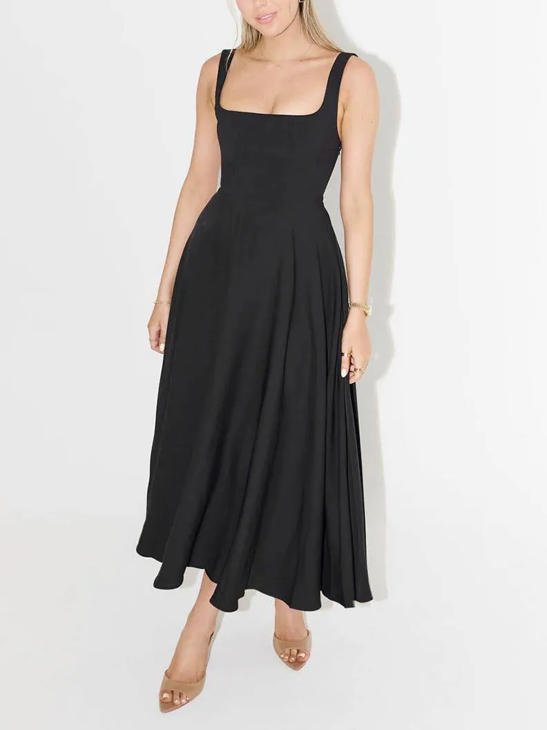 Elegant Sling Square Collar Large Swing MidI Dress