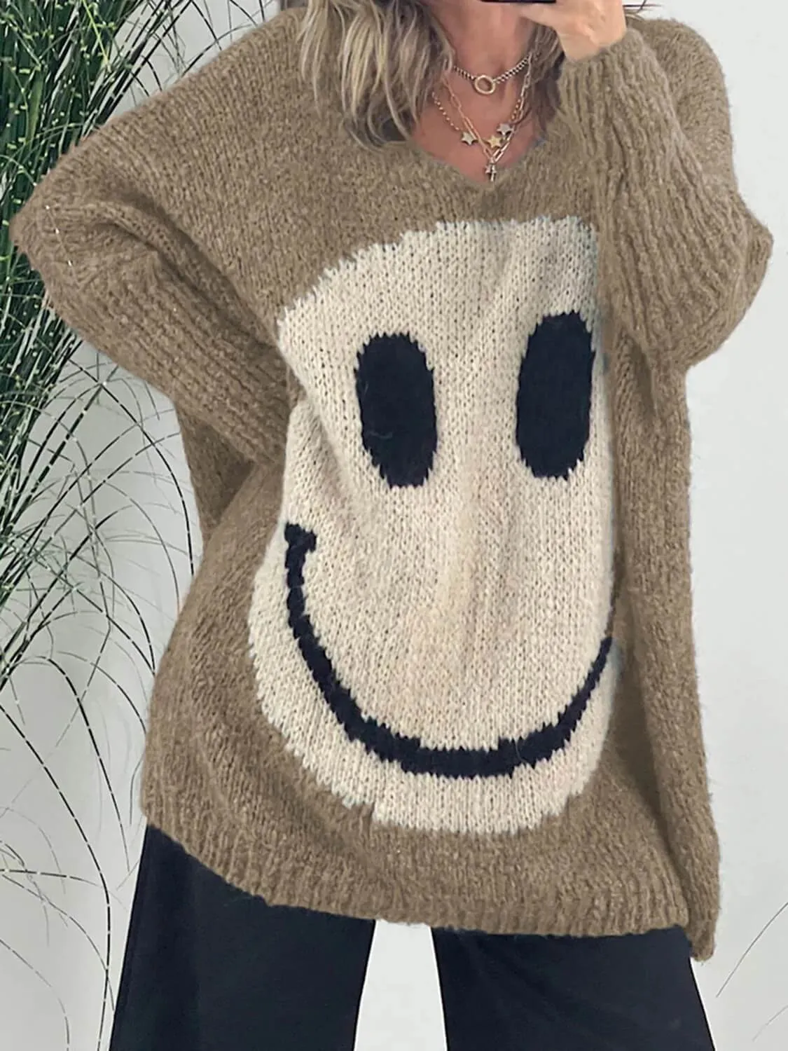 Casual Street Smiley Face Pullover Loose Sweater