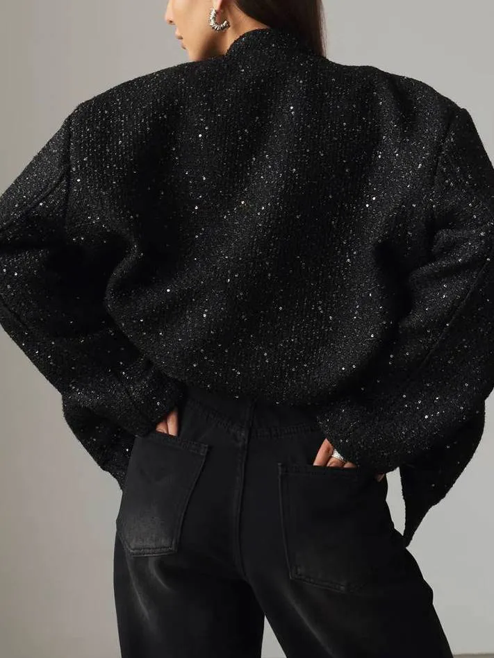 Gold Sequin Stand Collar Loose Jacket