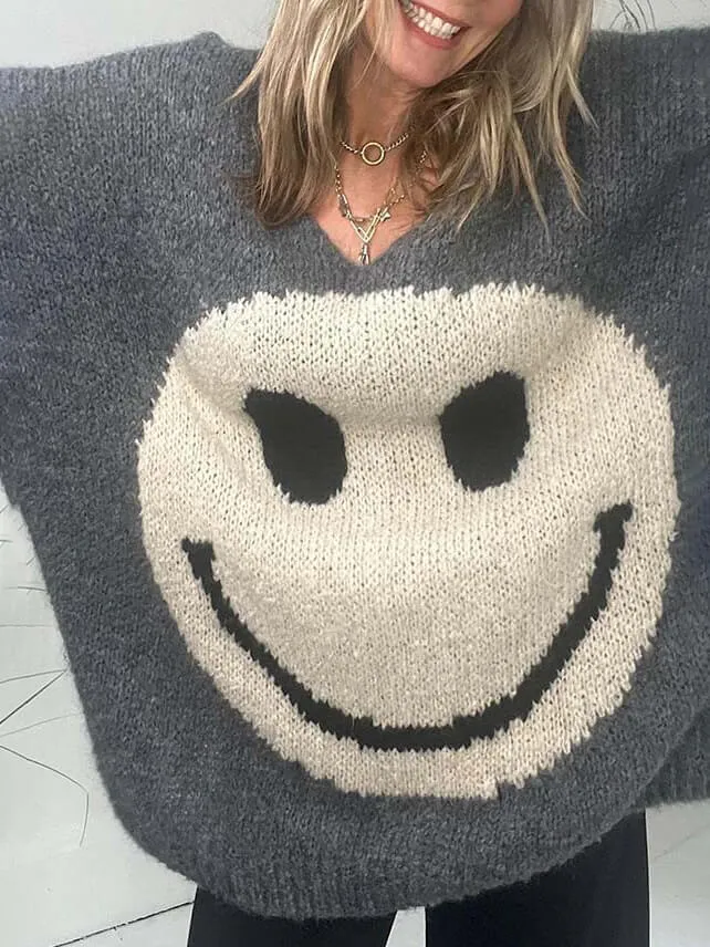 Casual Street Smiley Face Pullover Loose Sweater