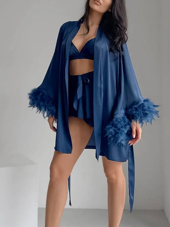 Feather Stitching Underwear Shorts Robe Three-piece Suit