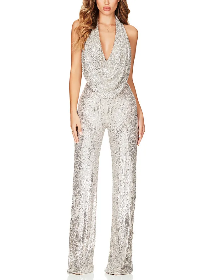 Sequined Halterneck Backless Jumpsuit