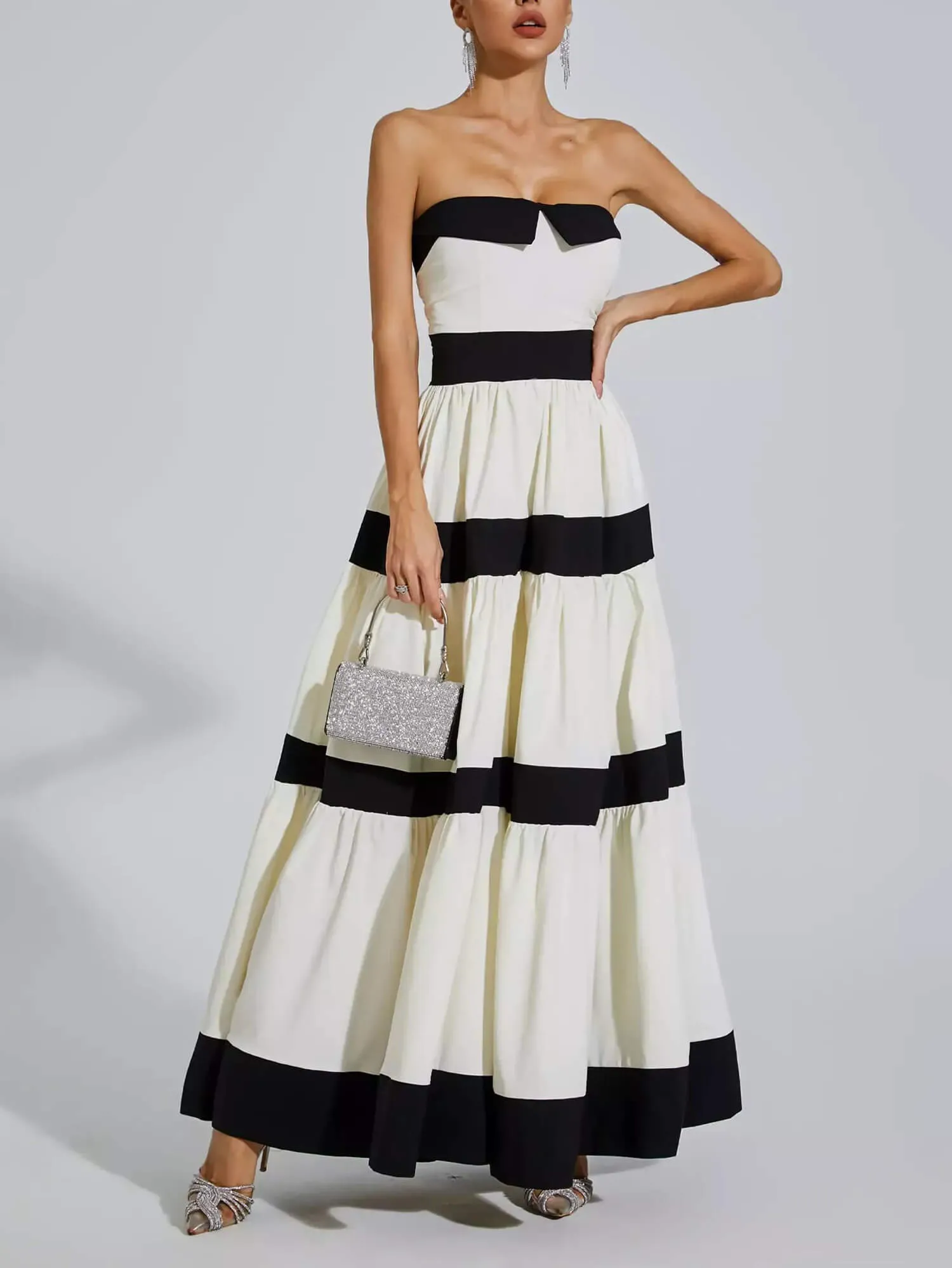 Elegant Striped Bow A-Line Maxi Dress