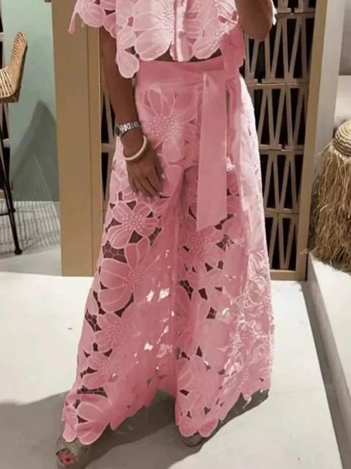 Exquisite Floral Embroidered Hollow Lace Wide-Leg Pants