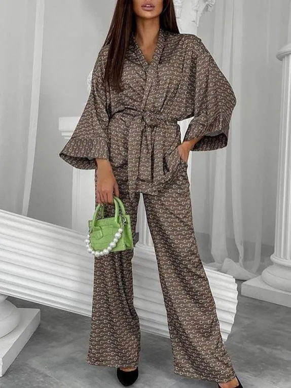 Printed Cardigan Nightgown Pants Home Wear