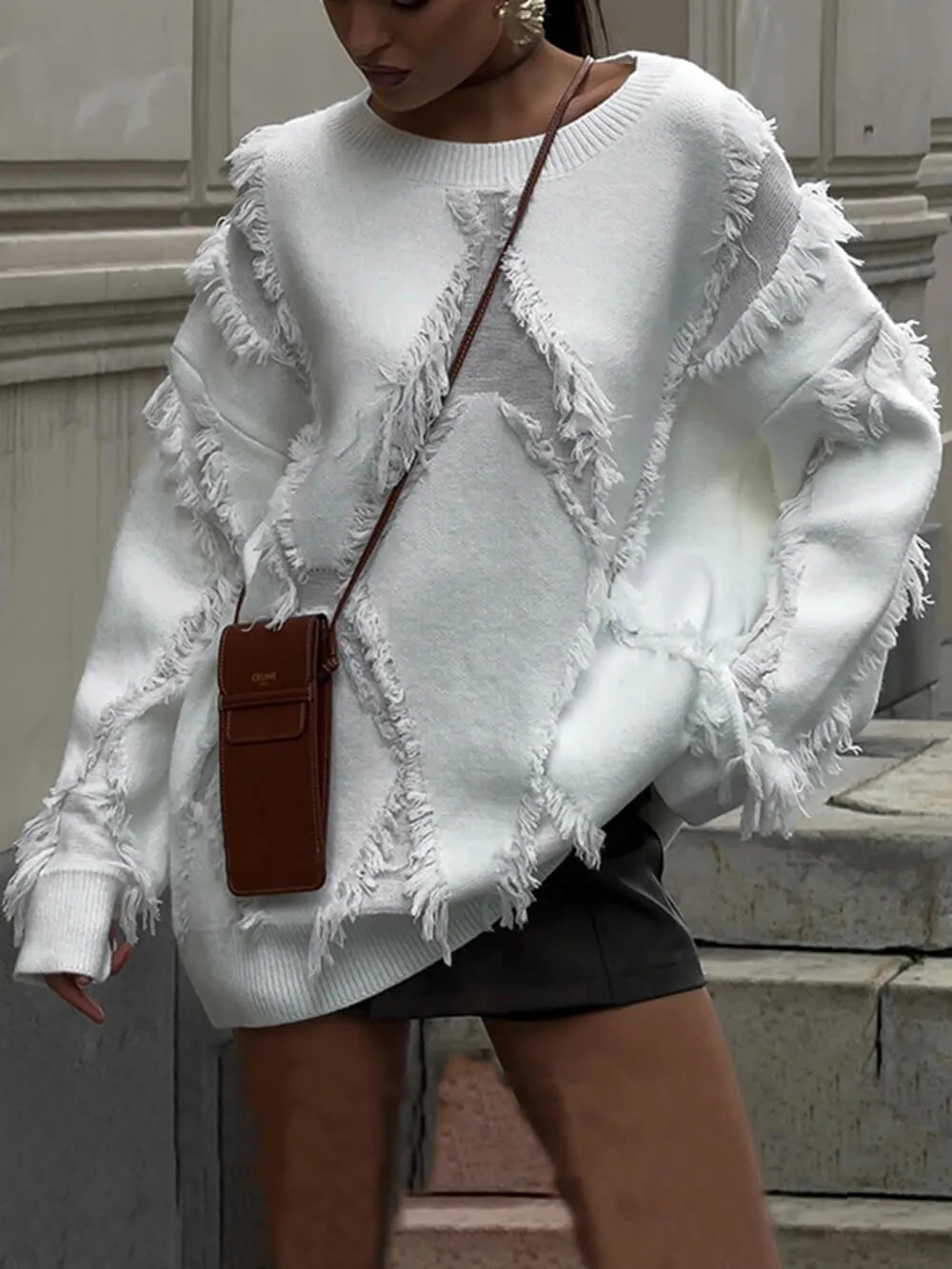 Unique Diamond Tassel Hollow Design Loose Sweater