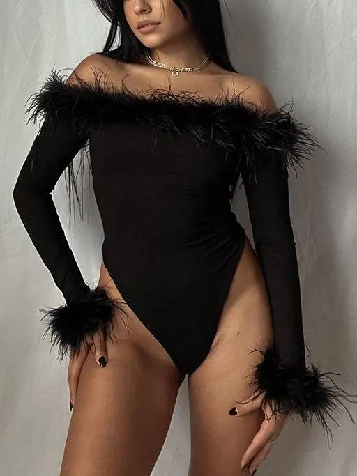 Furry Patchwork Off-shoulder T-shirt Bodysuit