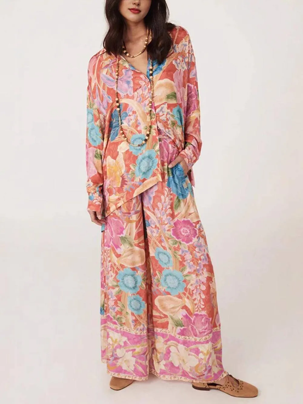 Unique casual floral Print Button Down Oversized Blouse