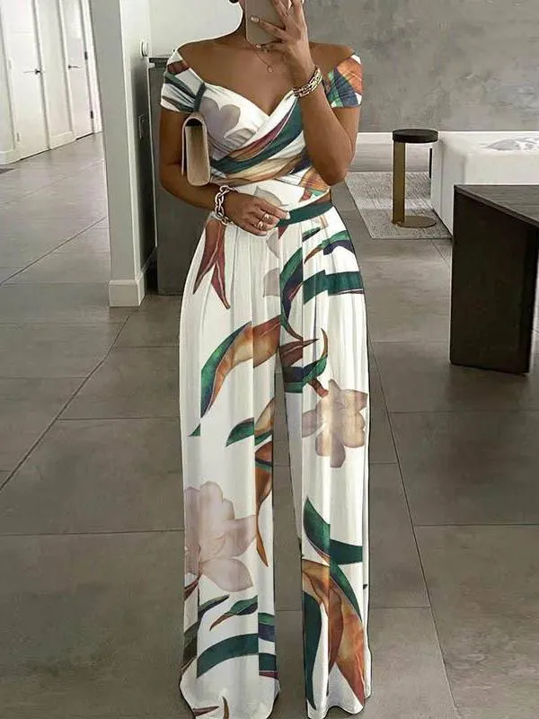 Off-shoulder Printed High-waist Jumpsuit