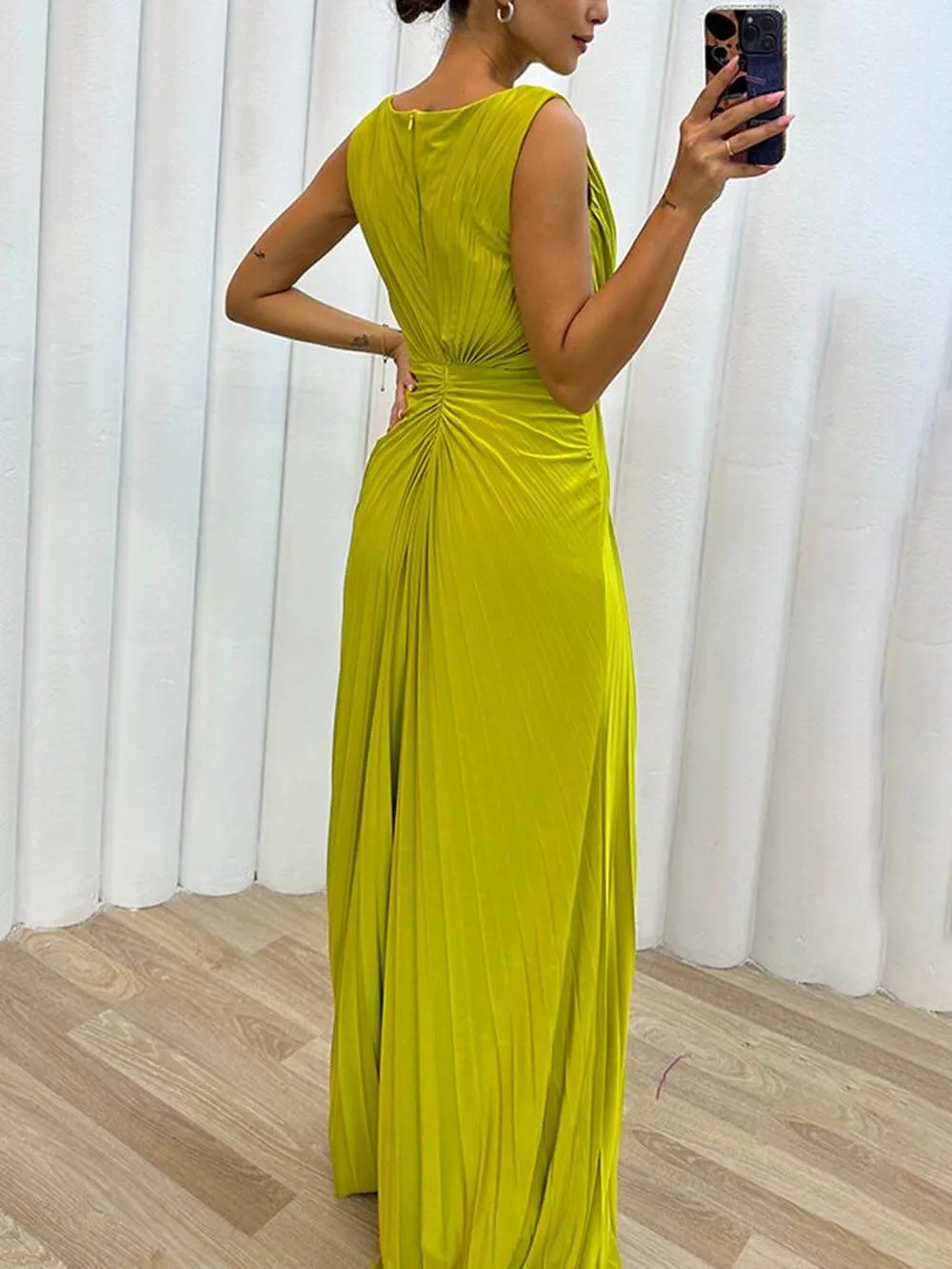 Special Pleated Embellished Slit Evening Maxi Dress