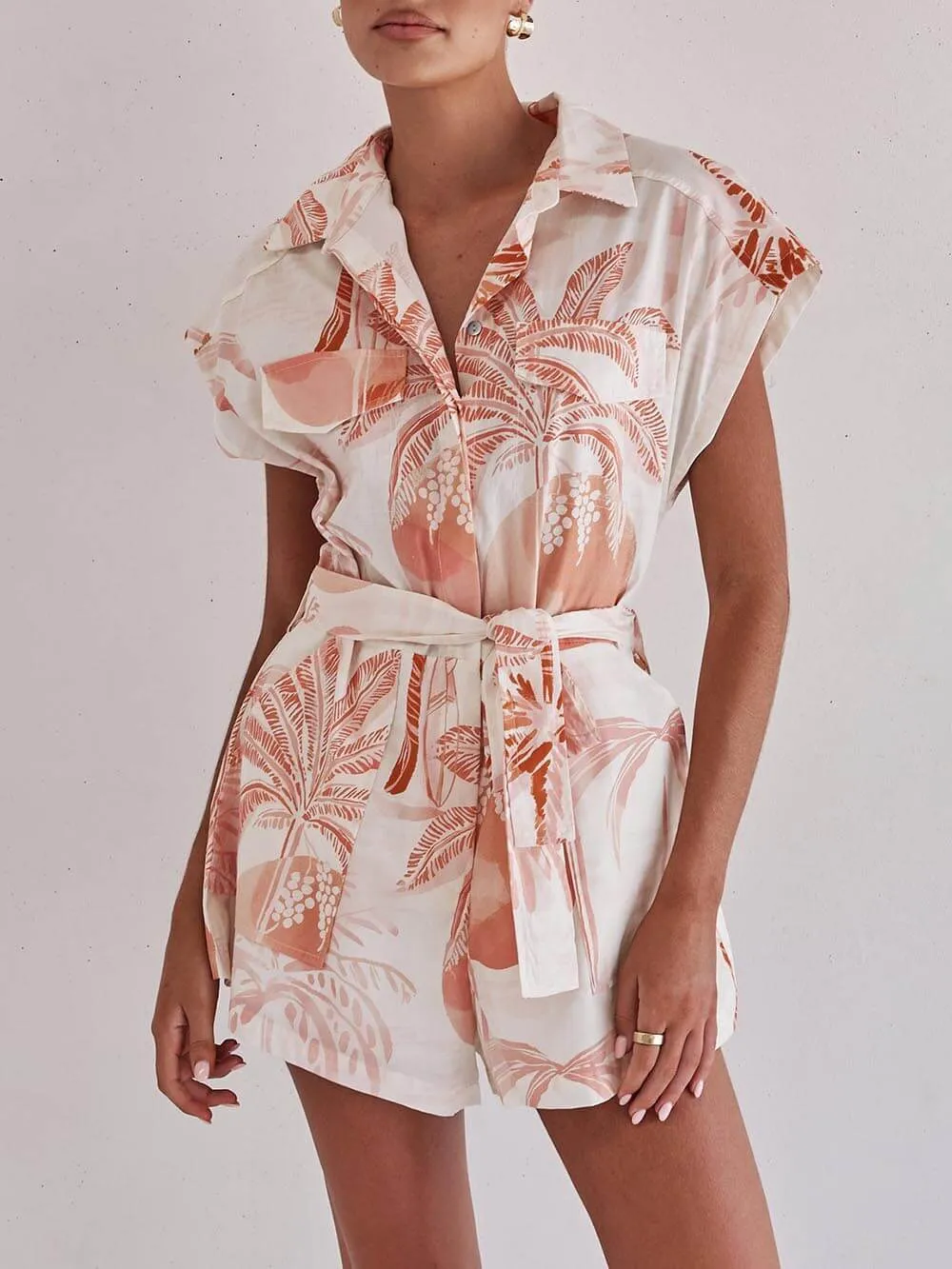 Cream Tropical Palm Print Loose-Fitting Jumpsuit