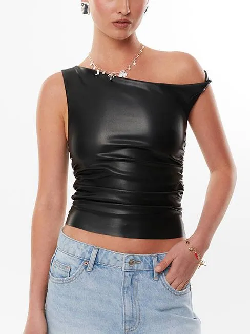 Twisted off-the-shoulder leather pleated crop top