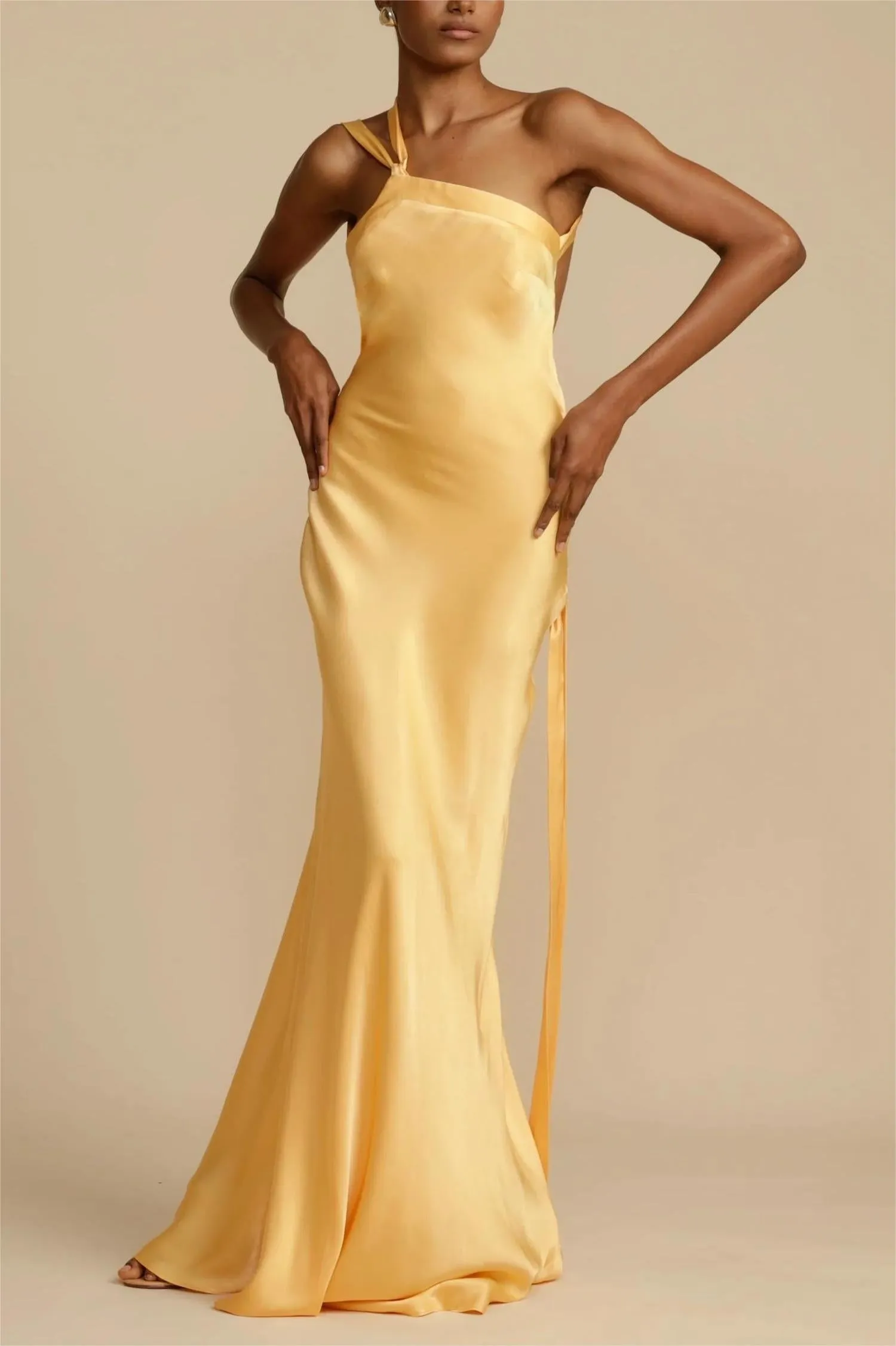 Moonlit Soiree Satin Asymmetrical One Shouder Backless Strap Maxi Dress