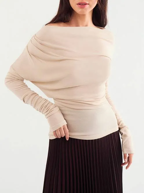 Off-shoulder pleated waist T-shirt
