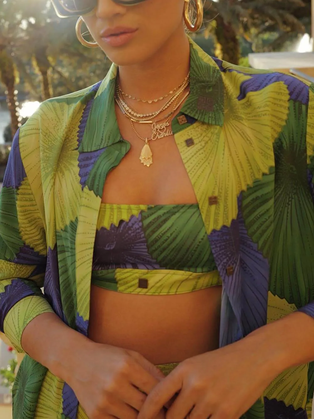 Retro Island Lover Yin Lotus Palm Print Loose Shirt