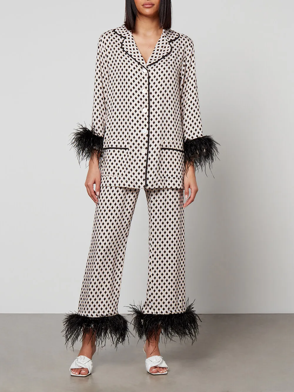 Unique Geometric Printed Feather Trim Blazer