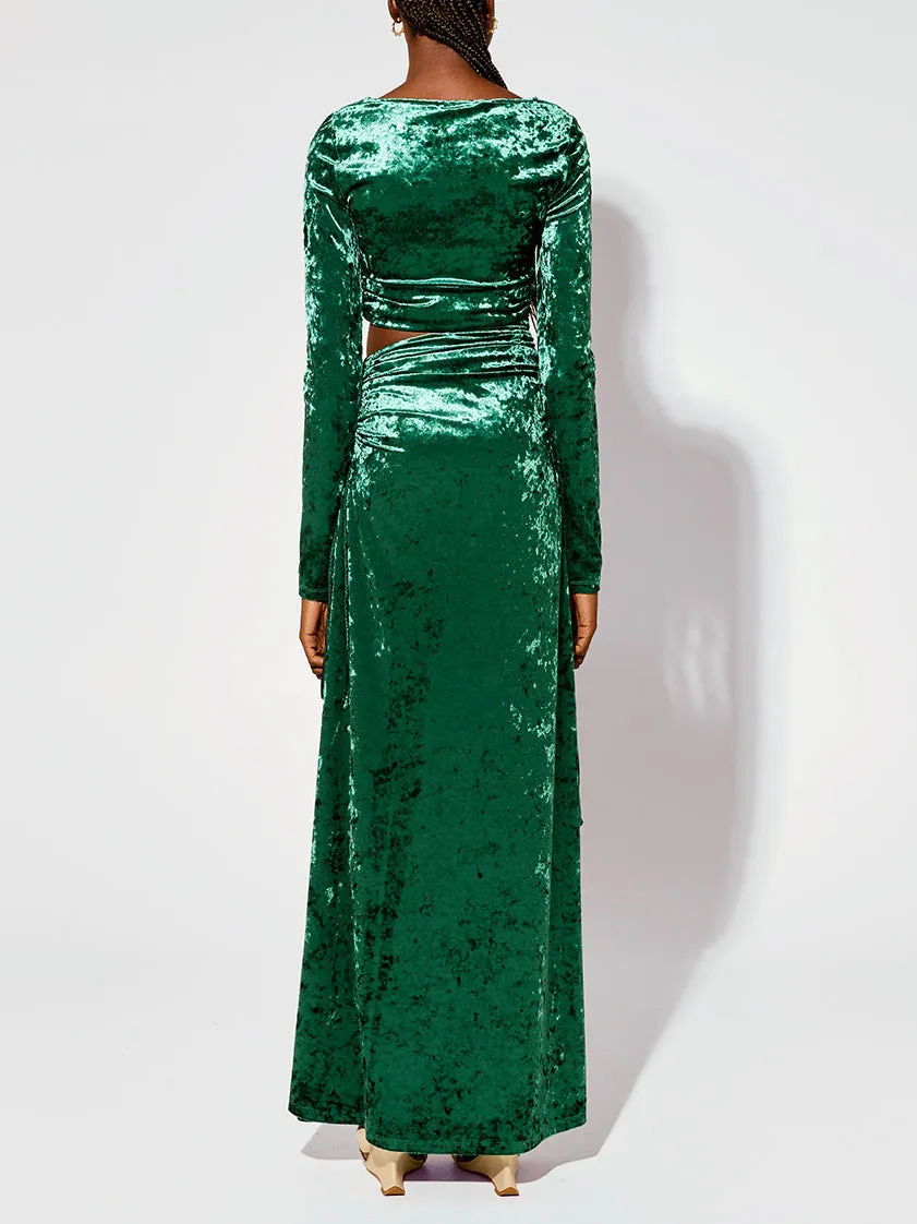 Modern Cutout Shirred Diamond Velvet Maxi Dress