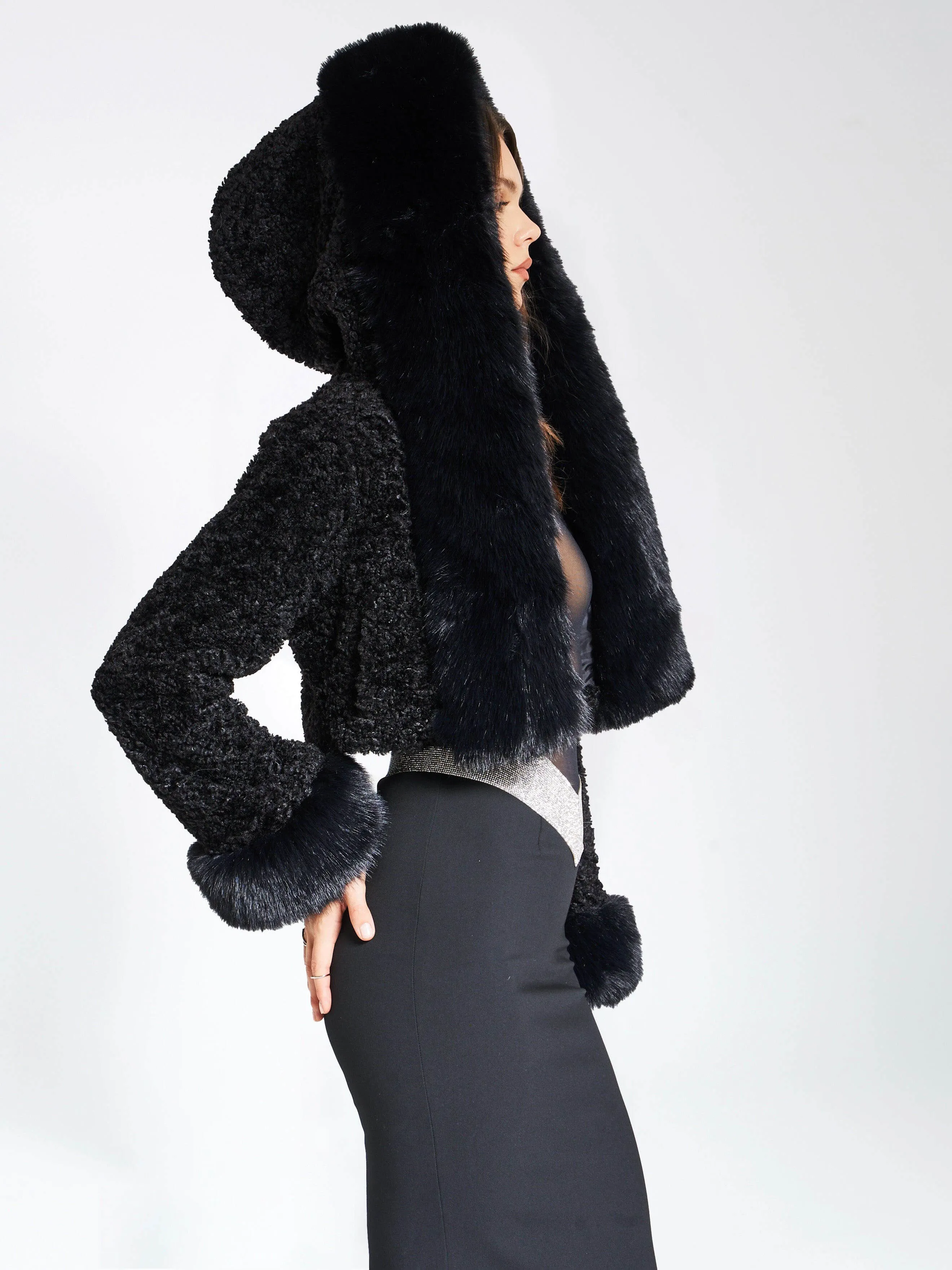 Faux Fur Hooded Cropped Coat With Rabbit Fur Collar