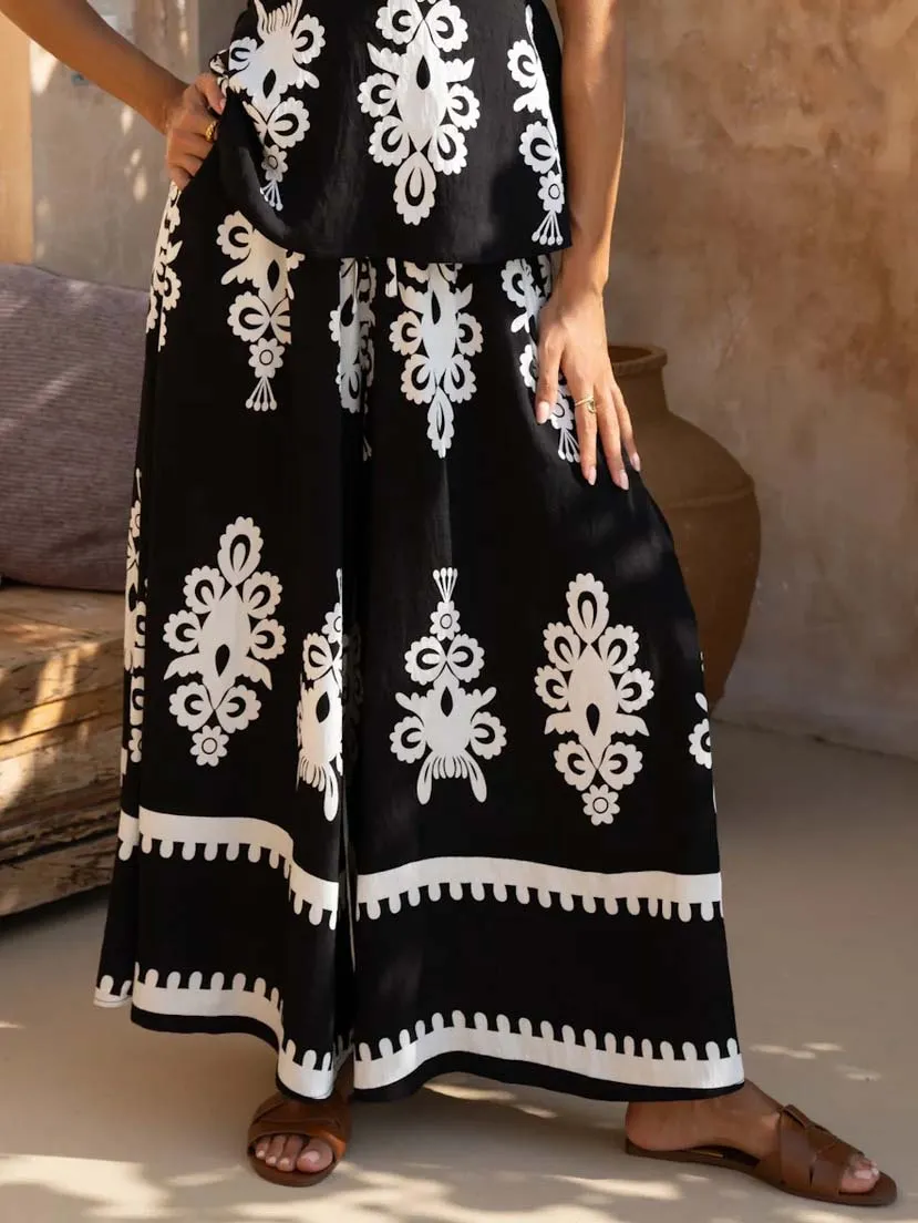 Exquisite Ethnic Style Contrasting Loose Wide-leg Pants
