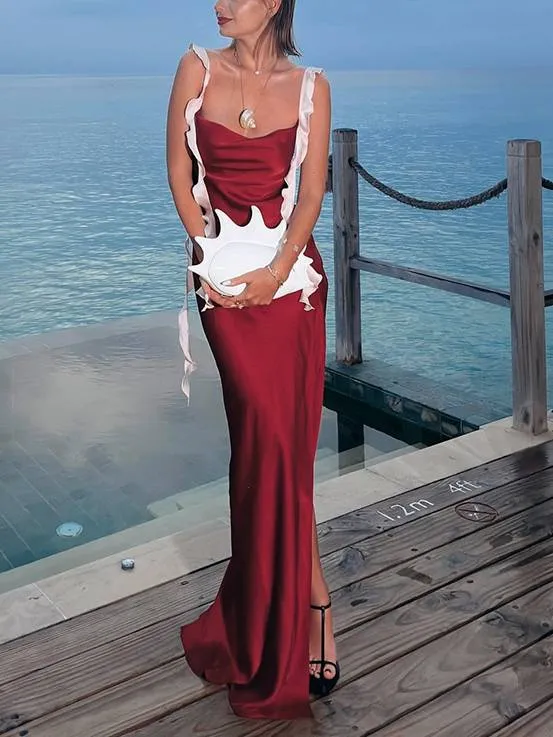 Contrast Color Suspender Slit Maxi Dress