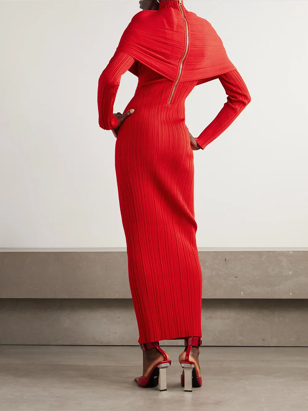 Red Elegant Wrap Effect Layered Pleated Maxi Dress