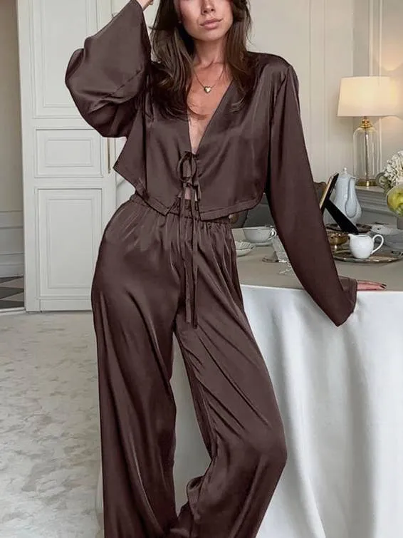 Lace-Up Cardigan Long-sleeved pants Homewear Two-piece Set