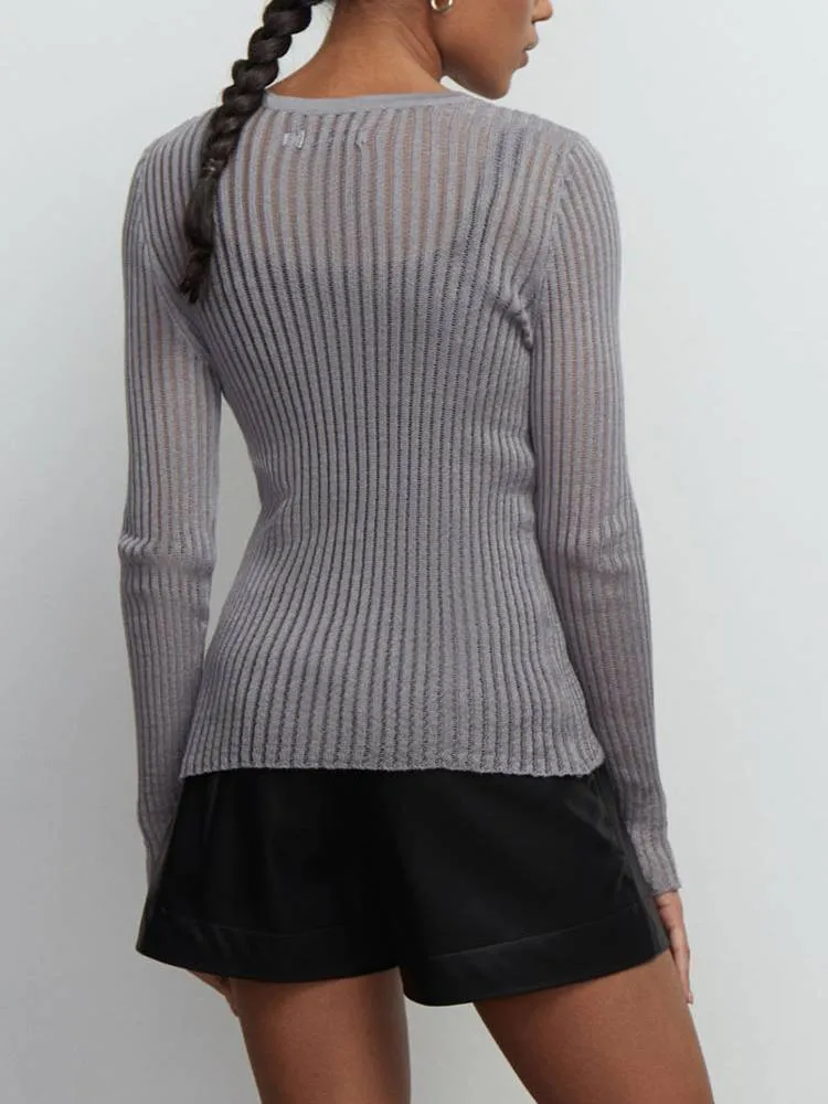 See-through Slim-fit Crewneck Long-Sleeved Thin Sweater