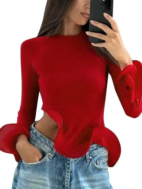 Ruffled Round Neck Trumpet Long Sleeve T-shirt